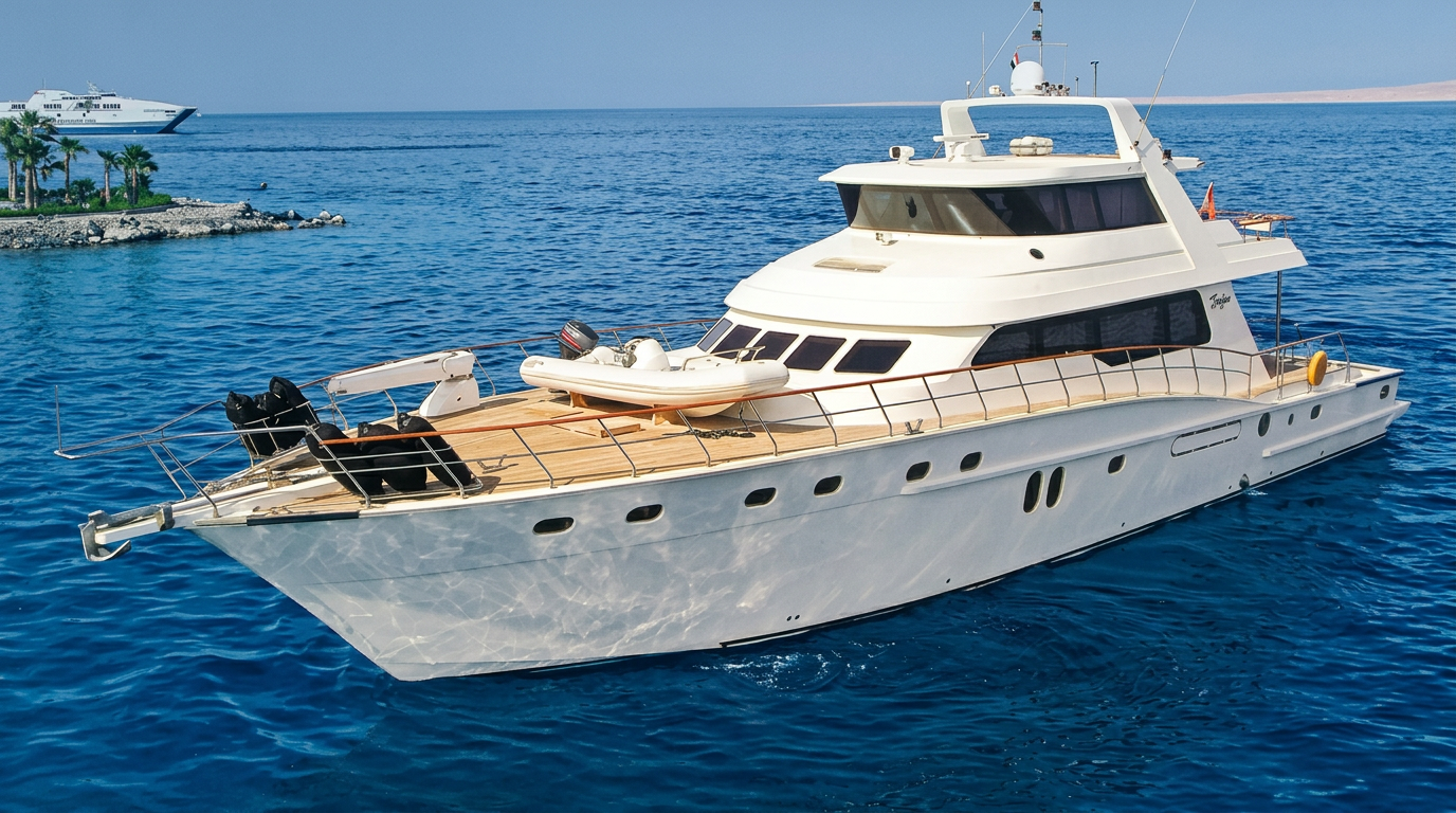 Trojan — At anchor, bow quarter